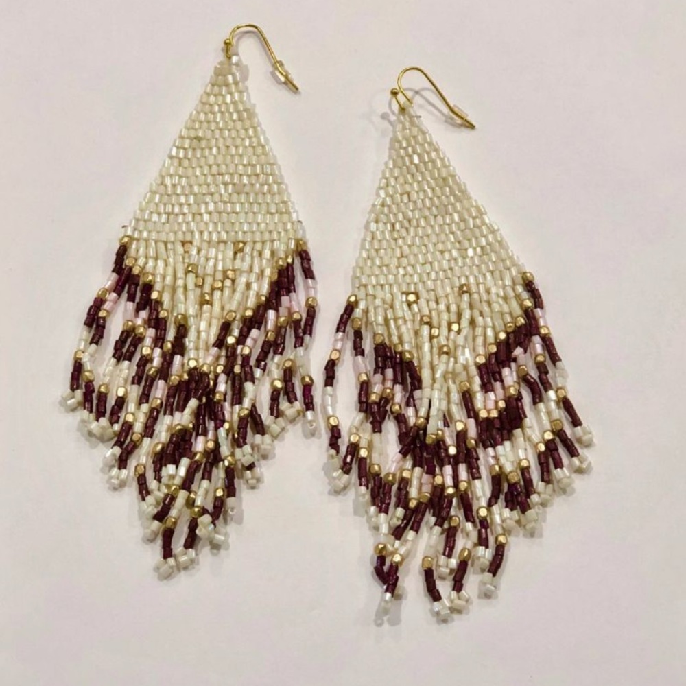 White & Burgundy Seed Bead Fringe Earrings